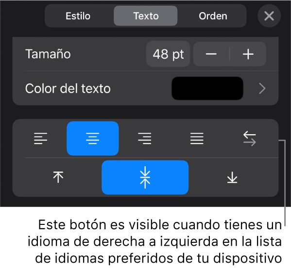 Los controles de texto se encuentran en el menú de Formato, con un mensaje que señala el botón “De derecha a izquierda”.
