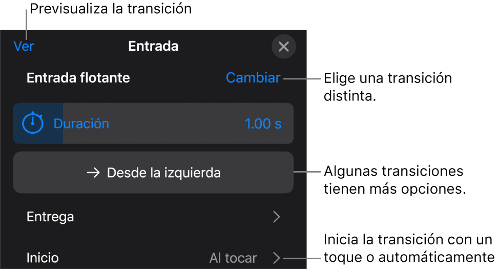 Controles del panel Opciones para modificar una transición.