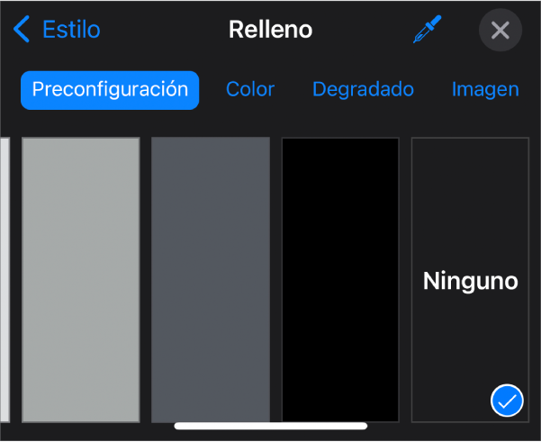 Los controles Relleno con la opción “Sin Relleno” seleccionada.