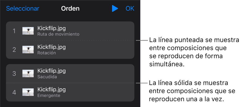 El menú “Orden de composición”, con una línea de puntos entre las composiciones que se reproducirán simultáneamente y una línea sólida entre las composiciones que se reproducen en orden secuencial.