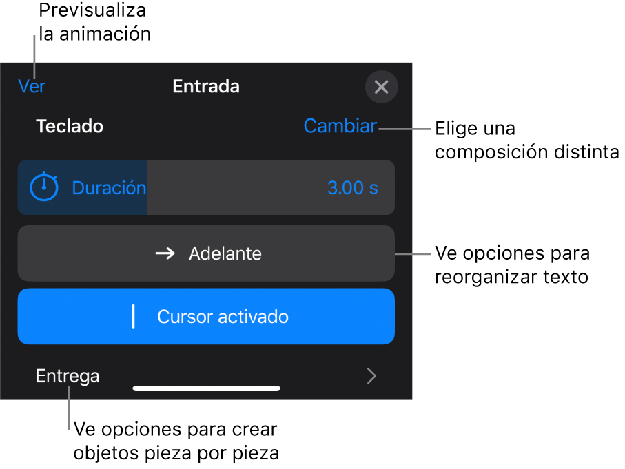 Las opciones de composición incluyen “Duración”, “Animación del texto” y “Entrega”. Toca Cambiar para seleccionar una composición distinta, o toca Previsualización para previsualizar la composición.