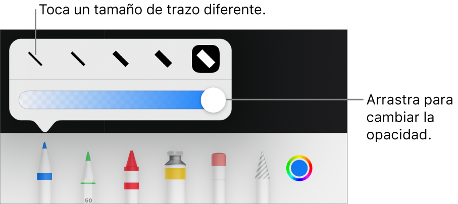 Controles para elegir el tamaño del trazo y selector para ajustar la opacidad.