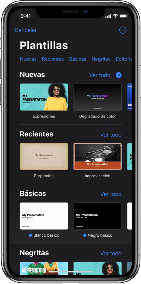 El selector de plantilla muestra una fila de categorías a lo largo de la parte superior en las que puedes tocar para filtrar las opciones. En la esquina superior derecha se encuentra el botón Más, el cual permite establecer no sólo el formato estándar o ancho sino también formato específico de un idioma o región específico. Debajo se encuentran miniaturas de plantillas prediseñadas organizadas por categoría. En la parte superior derecha de cada fila de categoría aparece un botón Ver todo.