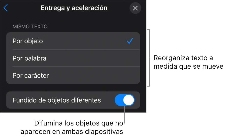 Opciones Entrega y Aceleración de “Movimiento mágico” en el panel Aceleración.