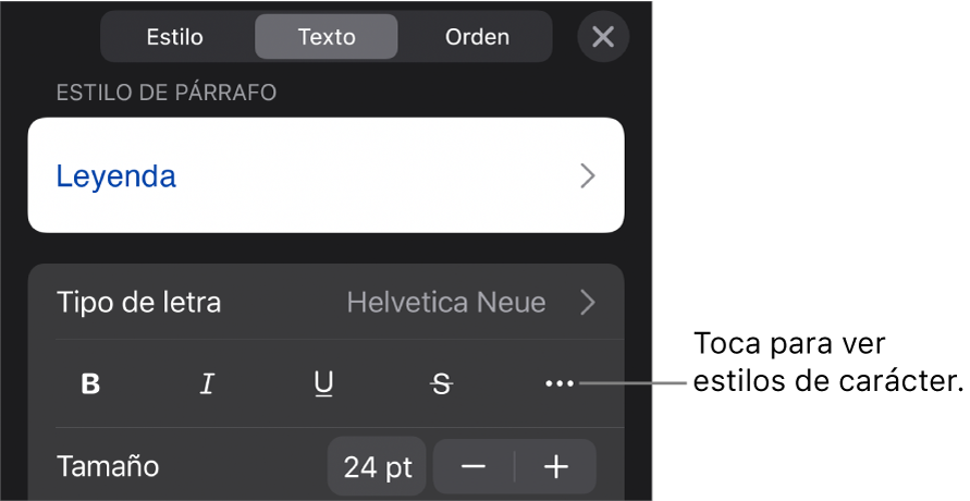 Los controles de formato con los estilos de párrafo en la parte superior, seguidos de los controles para “Tipo de letra”. Debajo de “Tipo de letra” aparecen los botones Negrita, Cursiva, Subrayado, Tachado y “Más opciones de texto”.