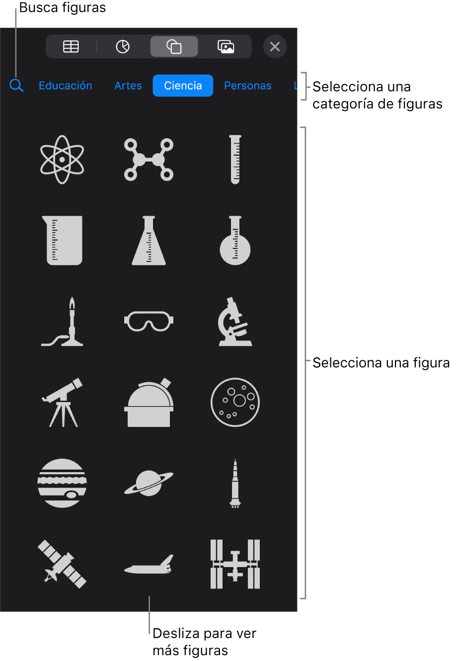 La biblioteca de figuras, con las categorías en la parte superior y las figuras mostradas abajo. Puedes usar el campo de búsqueda de la parte superior para buscar figuras o deslizar para ver más.
