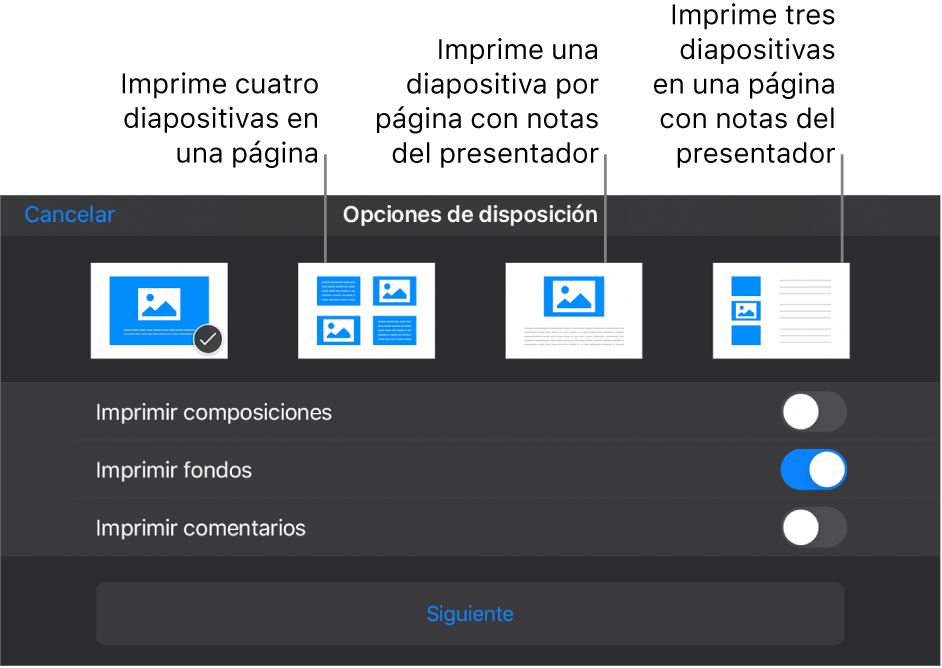 Opciones de disposición de impresión.