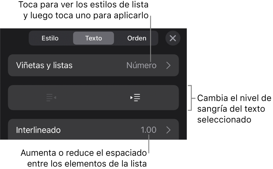 La sección “Viñetas y listas” de los controles de formato con texto que señala la sección “Viñetas y listas”, los botones de las sangría derecha o izquierda y controles de interlineado.