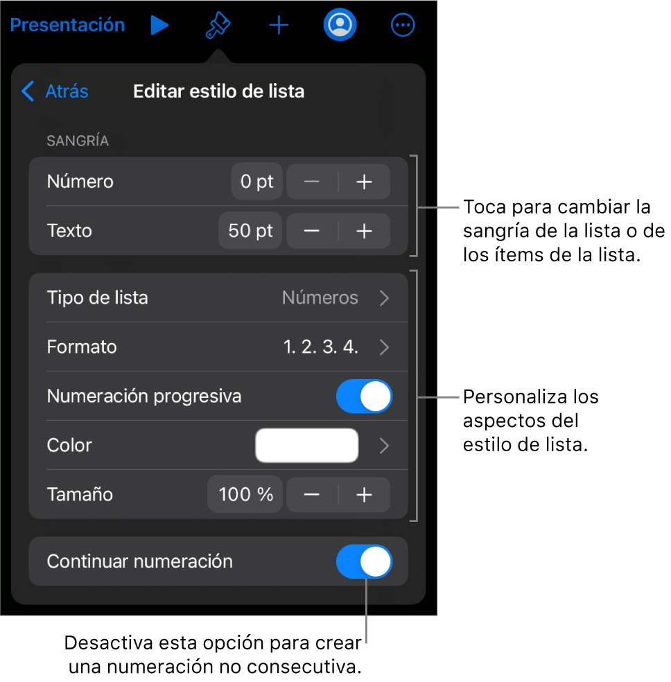 Menú “Estilo de lista” con controles para el interlineado de la sangría, el tipo de lista y el formato, la numeración progresiva, el color de la lista y el tamaño, y la numeración continua.