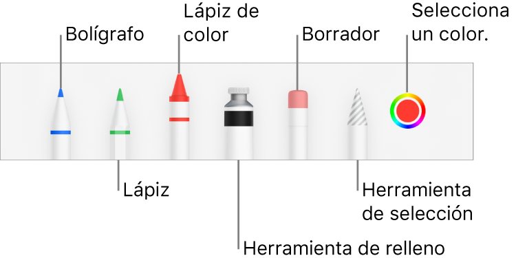 La barra de herramientas de dibujo con un bolígrafo, lápiz, lápiz de color, relleno, borrador, herramienta de selección y paleta de colores, que muestra el color actual.