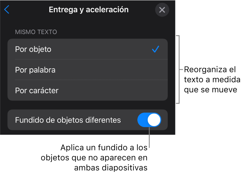 Opciones de entrega y aceleración de “Movimiento mágico” en el panel Aceleración.