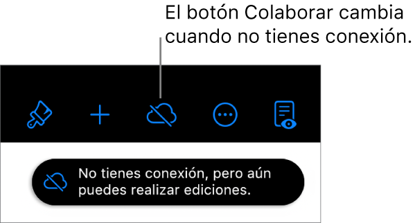 Los botones de la parte superior de la pantalla, con el botón Colaborar cambiado a una nube atravesada por una línea diagonal. Un aviso en la pantalla dice “No tienes conexión, pero aún puedes realizar ediciones”.