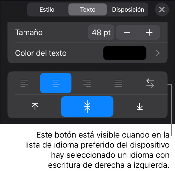 Controles de texto del menú Formato con una llamada al botón “De derecha a izquierda”.