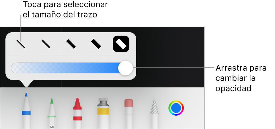 Controles para seleccionar un tamaño de trazo y un regulador para ajustar la opacidad.