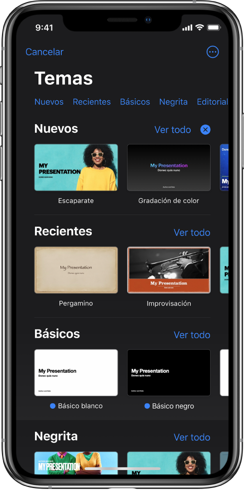  El selector de tema, mostrando una fila de categorías a lo largo de la parte superior que puedes tocar para filtrar las opciones. El botón Más está en la esquina superior derecha, donde puedes ajustar el formato Estándar o Panorámico y definir el formato para un idioma o región específica. Debajo hay miniaturas de temas prediseñados organizados en filas por categorías. Por encima y a la derecha de cada fila de categoría aparece un botón “Ver todo”.
