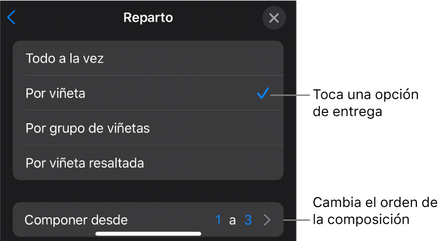 Opciones de Entrega en el panel Entrada.