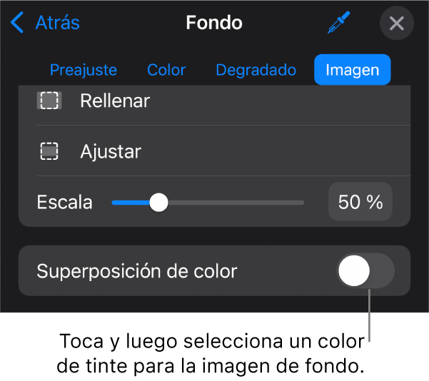 Los controles de Fondo con una imagen establecida como el fondo de la diapositiva y el control “Superposición de color” en la parte inferior.