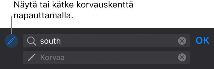 Säätimet tekstin etsimiseen ja korvaamiseen.