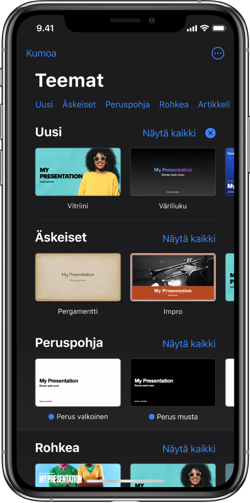Teemanvalitsin, jonka yläreunassa näkyy kategorioiden rivi, jota napauttamalla voidaan suodattaa vaihtoehtoja. Oikeassa yläkulmassa on Lisää-painike, jolla voit asettaa tavallisen tai leveän muodon sekä tietyn kielen tai alueen muotoilut. Alla on esimääritettyjen teemojen miniatyyreja, jotka on järjestetty riveihin kategorian mukaan. Näytä kaikki -painike tulee näkyviin kunkin kategorian yläpuolelle oikealla.