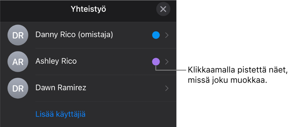 Osallistujaluettelo, jossa on kolme osallistujaa ja jokaisen nimen oikealla puolella erivärinen piste.