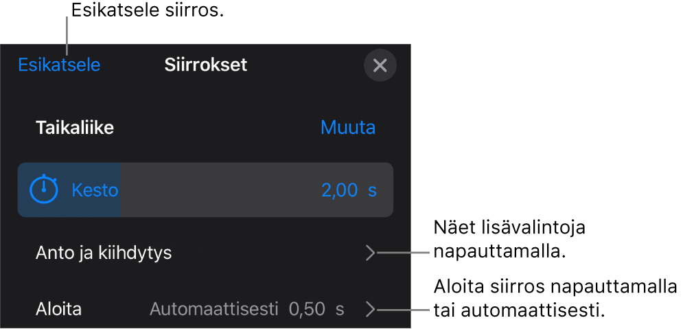 Siirrokset-osion Taikaliike-säätimet.