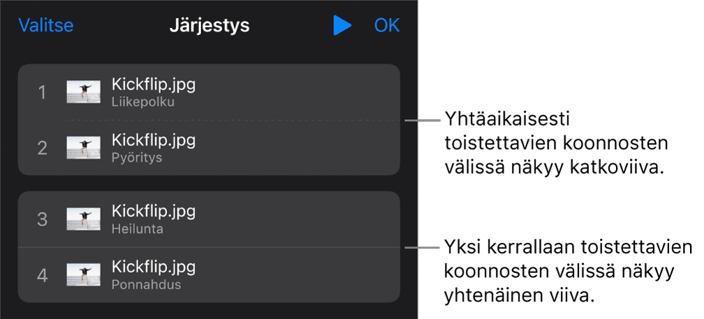 Koonnoksen järjestys -valikko, jossa näkyy katkoviiva samanaikaisesti toistuvien koonnosten välillä ja yhtenäinen viiva yksitellen toistuvien koonnosten välillä.