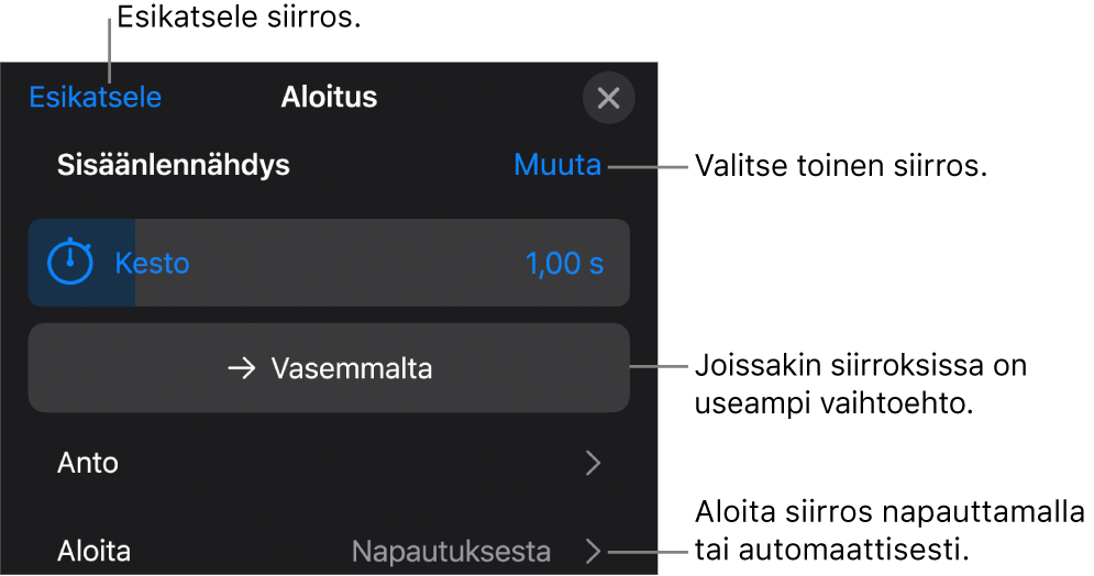 Valinnat-osion säätimet siirroksen muokkaamista varten.