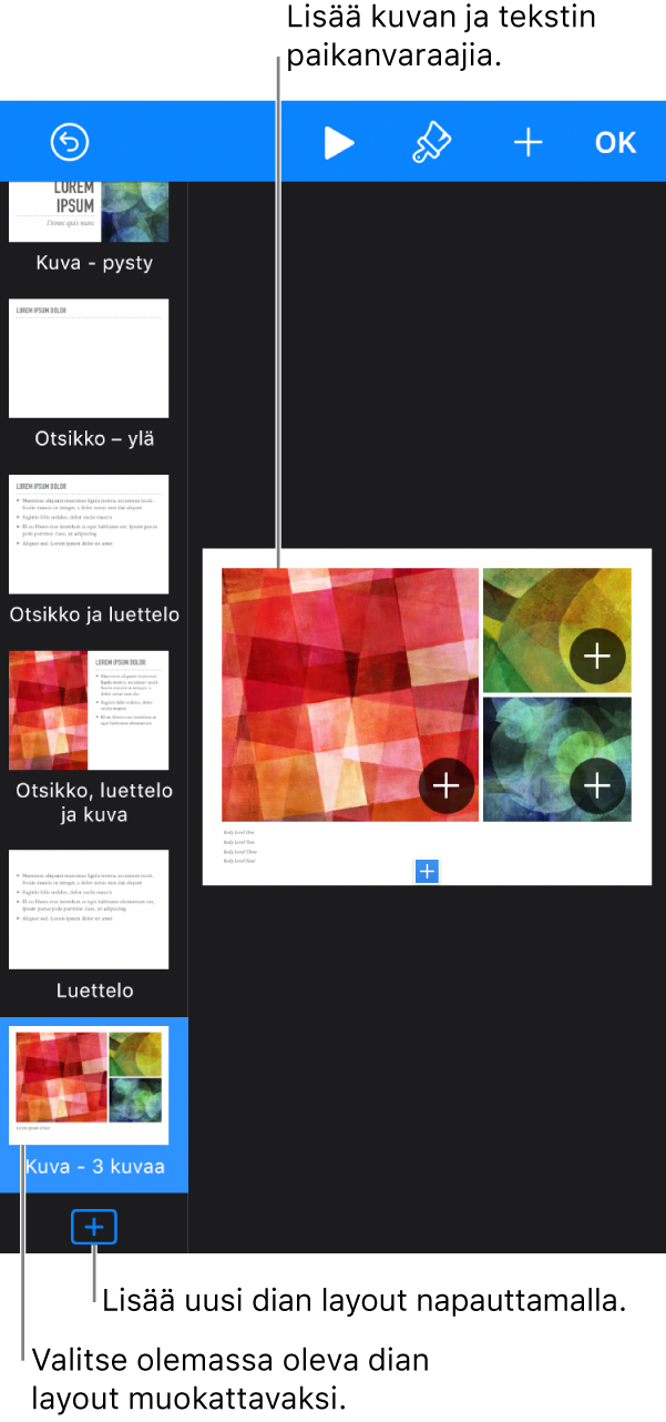 Dian layout diapohjalla ja Lisää dian layout ‑painike diojen rakennenäkymän alareunassa.