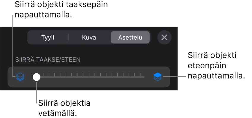 Siirrä taakse -painike, Siirrä eteen -painike ja kerrosliukusäädin.
