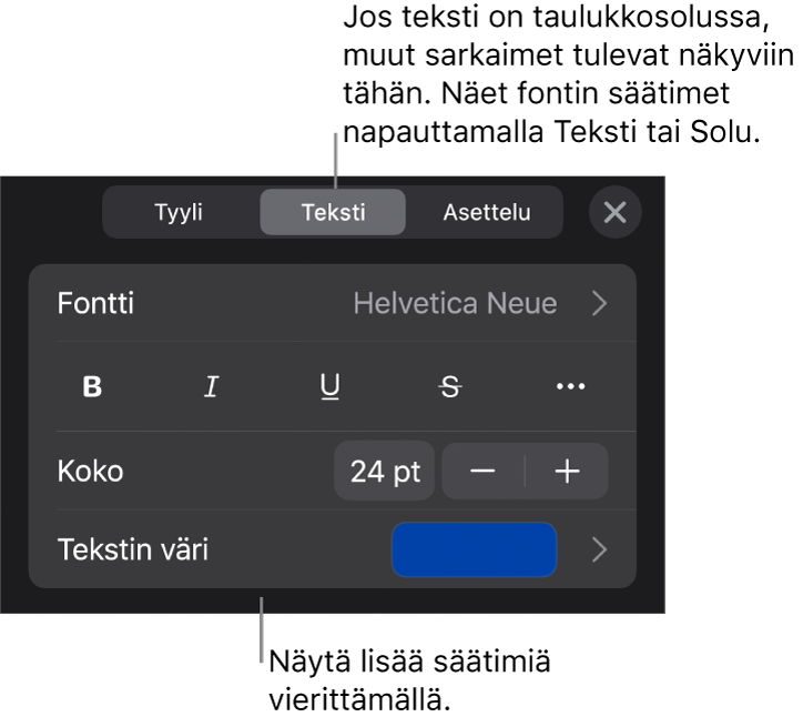 Muoto-valikon tekstisäätimet kappale- ja merkkityylien, fontin, koon ja värin valitsemista varten.
