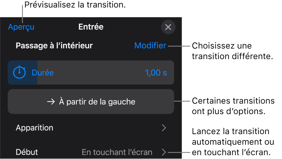 Commandes de la sous-fenêtre Options pour modifier une transition.