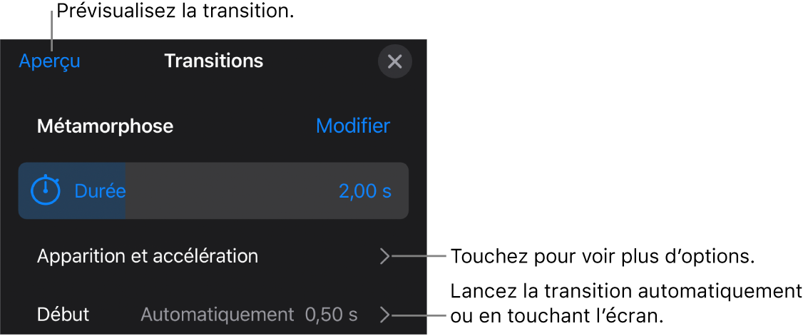 Commandes Métamorphose de la sous-fenêtre Transitions.