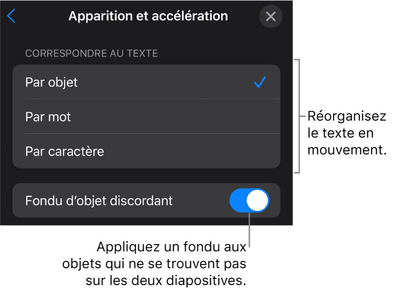 Options d’apparition et d’accélération Métamorphose dans la sous-fenêtre Accélération.