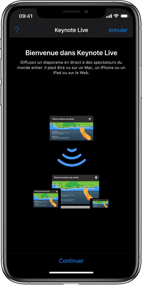 Une fenêtre qui présente Keynote Live avec le bouton Continuer en bas.