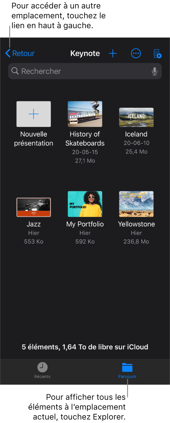 Le mode de navigation du gestionnaire de présentations ainsi qu’un lien d’emplacement se trouvent dans le coin supérieur gauche, et un champ de recherche se trouve en dessous. Dans le coin supérieur droit se trouvent les boutons Ajouter une présentation, Plus et Télécommande. Au bas de l’écran se trouvent les boutons Récents et Parcourir.