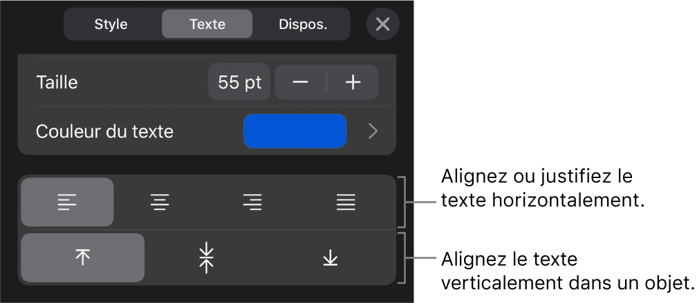 La section Alignement du bouton Format, avec des légendes pour les boutons d’alignement de texte.