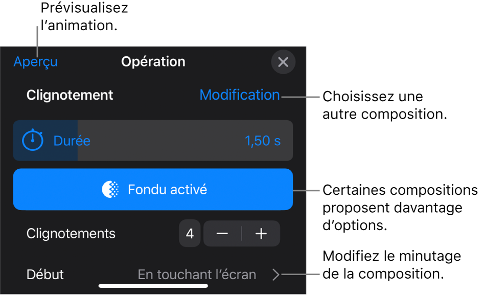 Les options de composition comprennent les options de minutage Durée et Début. Touchez Modifier pour sélectionner une autre composition ou touchez Aperçu pour afficher un aperçu de la composition.