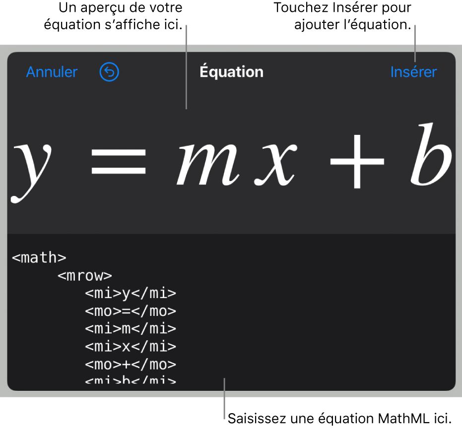 Code MathML de l’équation de la pente d’une droite et aperçu de la formule en haut.