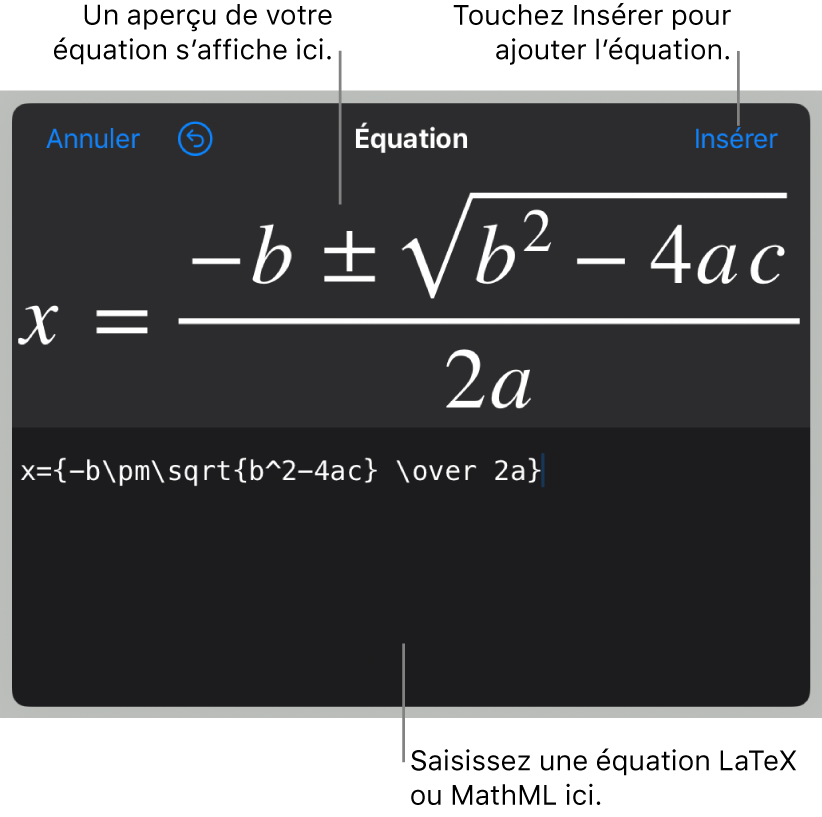 Formule quadratique composée à l’aide du langage LaTeX dans le champ Équation et aperçu de la formule en bas.