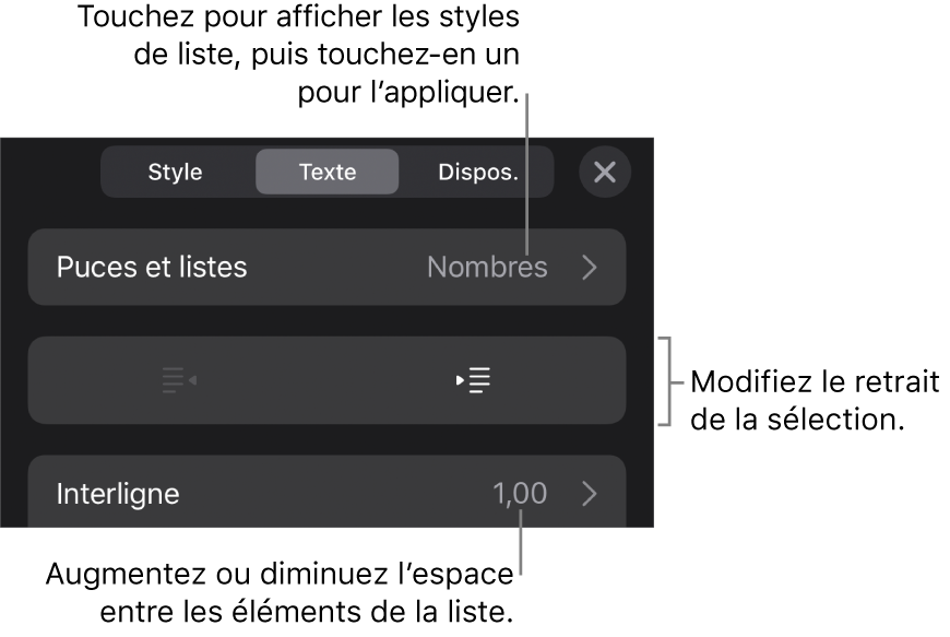 La section « Puces et listes » des commandes Format avec des légendes pour « Puces et listes », les boutons d’indentation et de suppression d’indentation et les commandes d’espacement entre les lignes.
