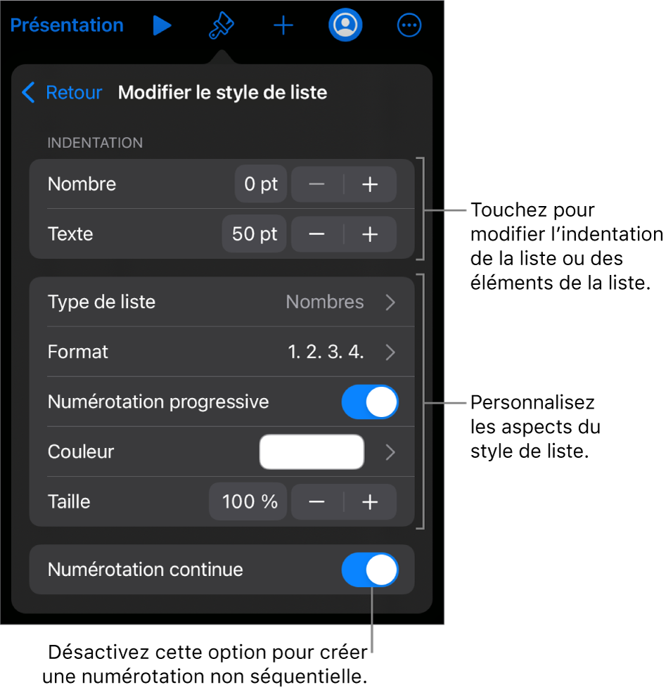 Le menu « Modifier le style de liste » avec des commandes d’espacement de l’indentation, de type et de format de liste, de numérotation progressive, de couleur et de taille de liste, et de numérotation continue.