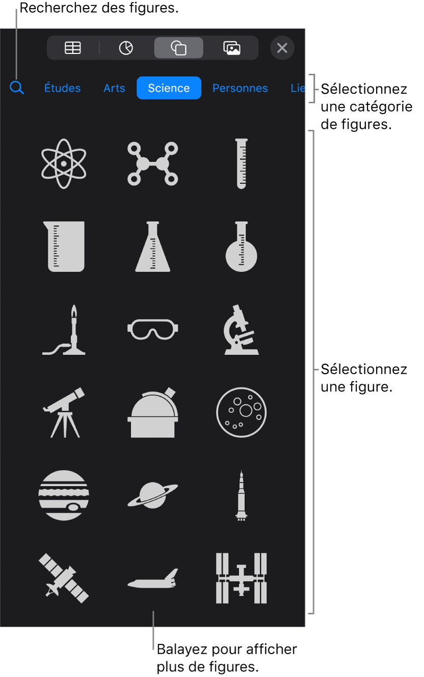 Bibliothèque de figures, les catégories étant affichées en haut et les figures, en bas. Utilisez le champ de recherche situé en haut pour rechercher des figures. Balayez également l’écran pour en trouver d’autres.