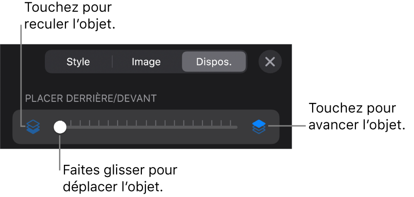 Le bouton de déplacement vers l’arrière, le bouton de déplacement vers l’avant et le curseur de superposition.