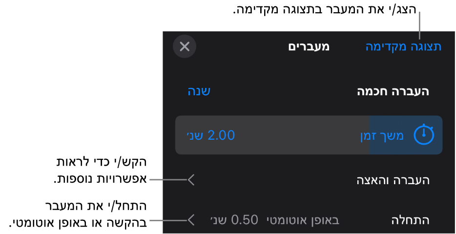 כלי הבקרה של ״העברה חכמה״ בחלונית ״מעברים״.