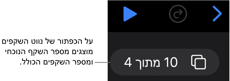 כפתור נווט השקפים המציג את שקף 4 מתוך 10, ממוקם מתחת לכפתורים ״הקודם״, ״בטל״ ו״הפעל״ בסמוך לפינה הימנית העליונה של קנבס השקף.