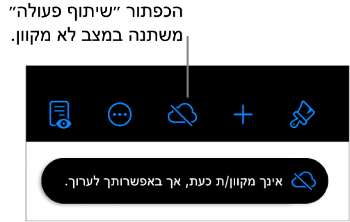 הכפתורים בראש המסך, עם הכפתור ״שיתוף פעולה״ שהתחלף לענן עם קו אלכסוני חוצה. התראה על המסך עם הכיתוב ״ניתן לערוך למרות שהמכשיר שלך לא מחובר לאינטרנט״.