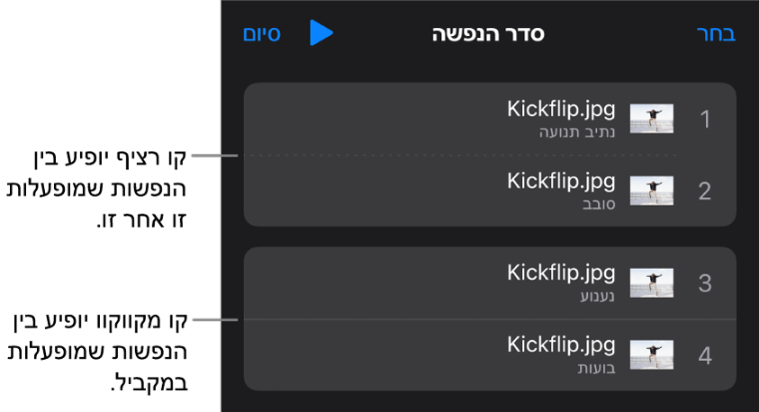 התפריט ״סדר הנפשה״, שבו קו מקווקו מופיע בין הנפשות שמופעלות בו זמנית וקו רציף מופיע בין הנפשות שמופעלות אחת-אחת.