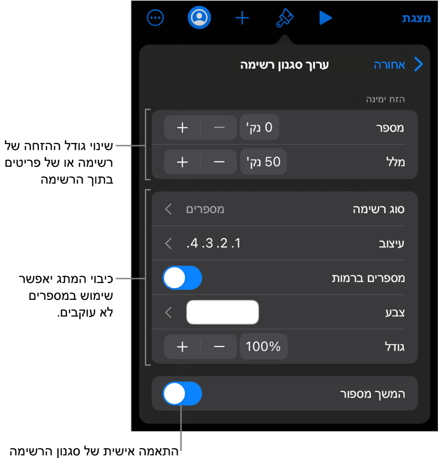 התפריט ״עריכת סגנון רשימה״ עם כלי בקרה לריווח הזחות, סוג ועיצוב של רשימה, מספרים ברמות, צבע וגודל הרשימה, ומספור מתמשך.