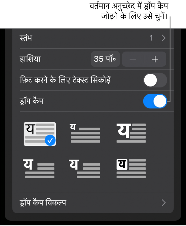 ड्रॉप कैप नियंत्रण, टेक्स्ट मेनू के नीचे होते हैं।