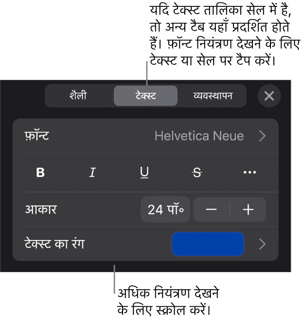 “फ़ॉर्मैट” मेनू में अनुच्छेद सेटिंग और वर्ण शैली, फ़ॉन्ट, आकार और रंग के लिए टेक्स्ट नियंत्रण।